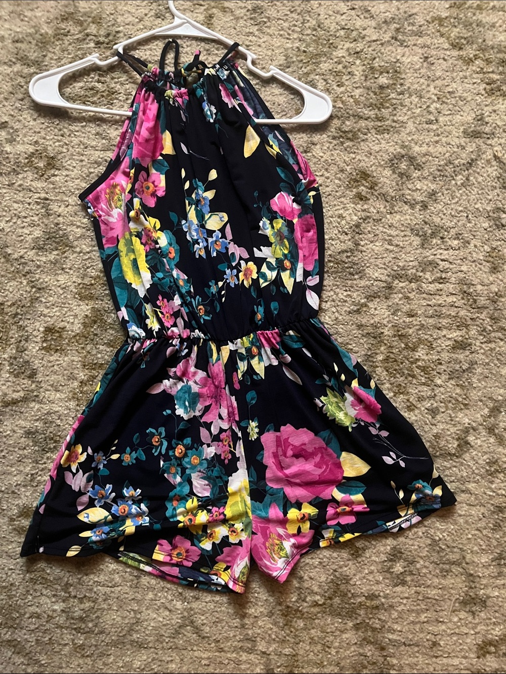 HEIMISH USA Black Floral Halter Romper with Pink & Yellow Accents